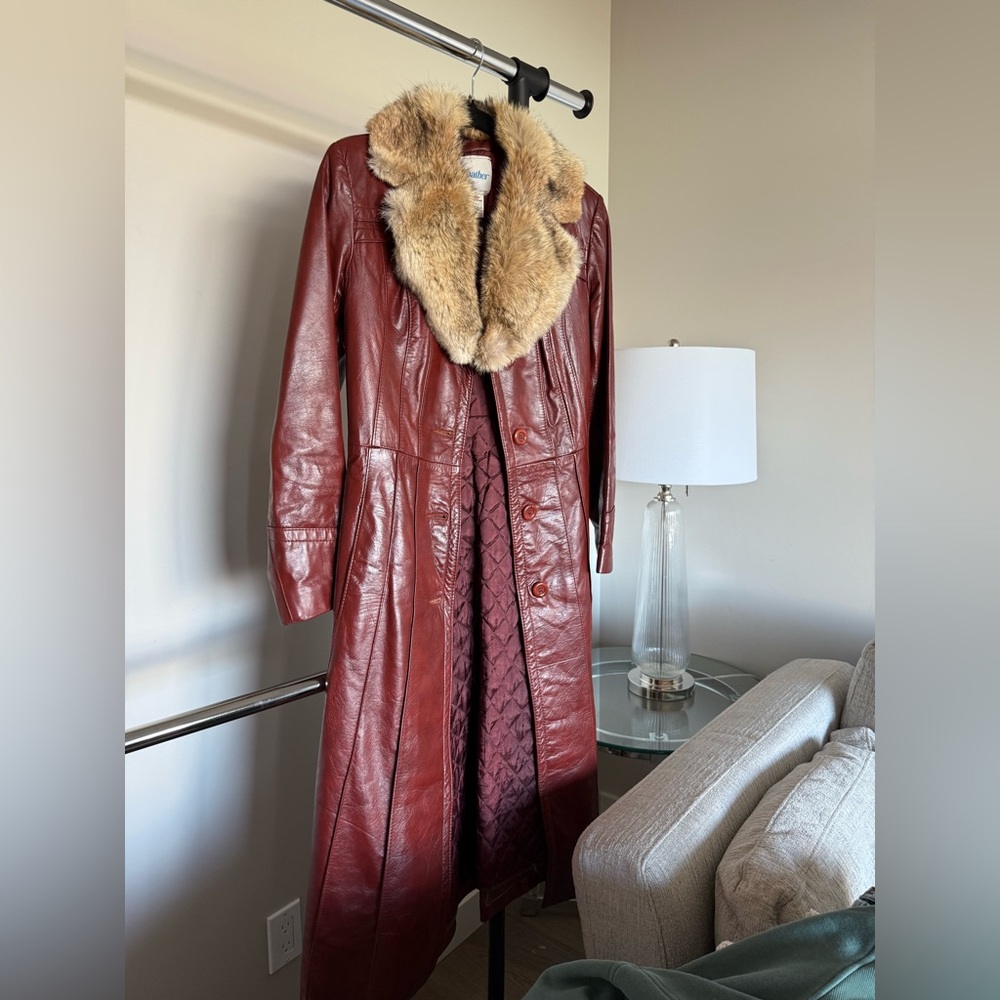 VINTAGE CHERRY RED LEATHER COAT W/ FUR TRIM